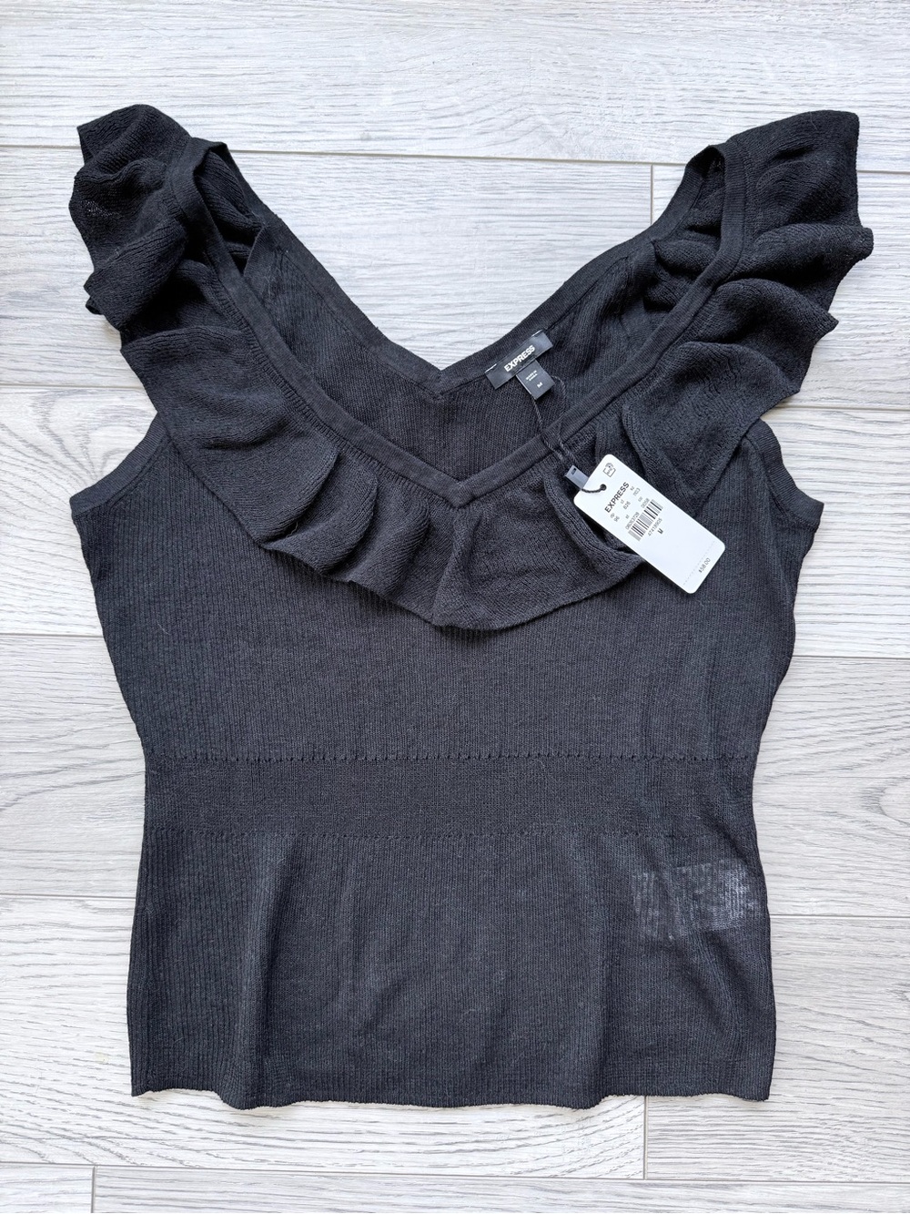 Express Women’s Black Ruffle V-Neck Knit Top size medium NWT